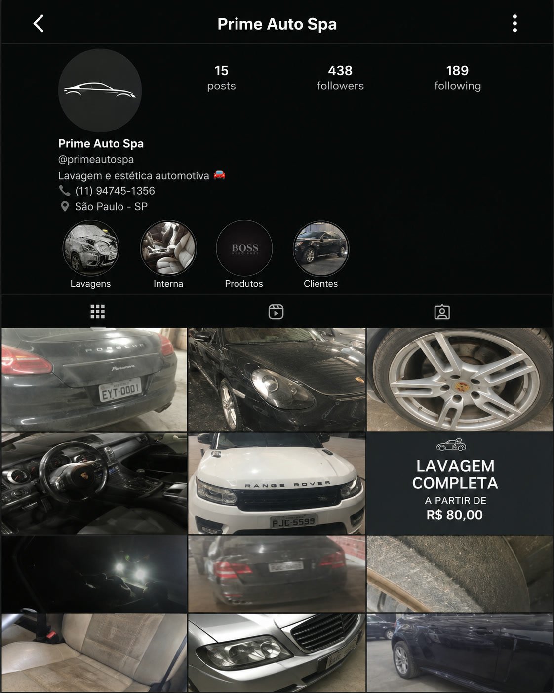 Instagram do Prime Auto Spa antes: 15 posts, 438 seguidores, fotos soltas sem padrão.