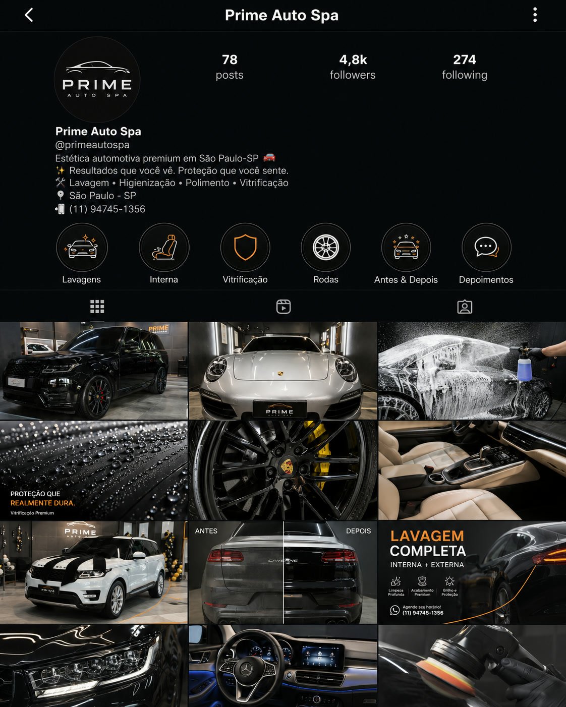 Instagram do Prime Auto Spa depois da HKM: 78 posts, 4,8 mil seguidores, feed com identidade e destaques organizados.