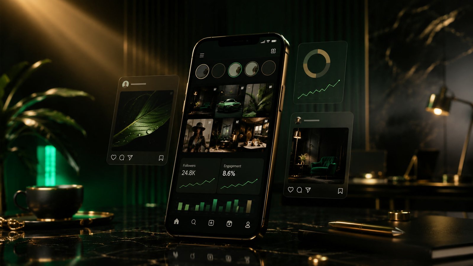 Celular com um perfil de Instagram organizado, posts e gráficos de crescimento em verde e dourado, numa mesa escura.