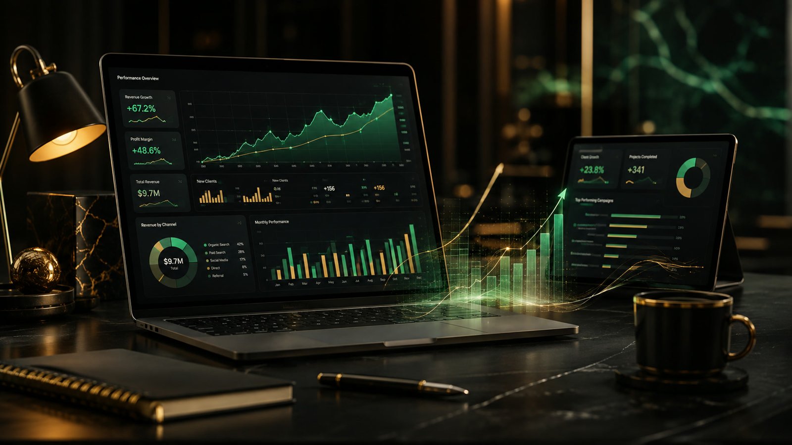 Notebook e tablet com painéis de relatório, gráficos subindo em verde e dourado, numa mesa escura.