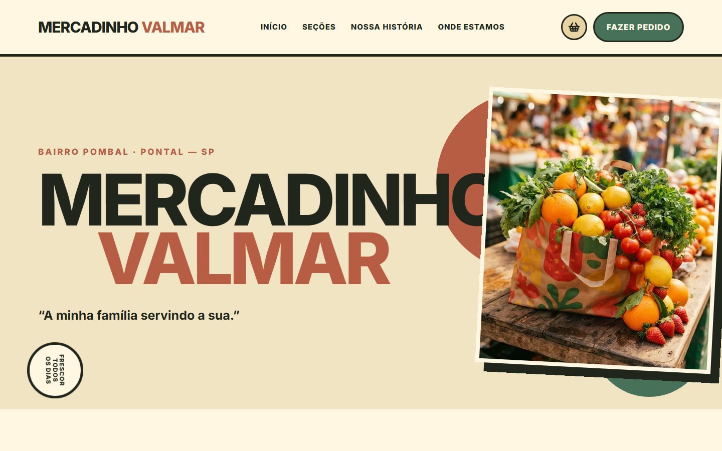 Site do Mercadinho Valmar, com o lema A minha família servindo a sua.
