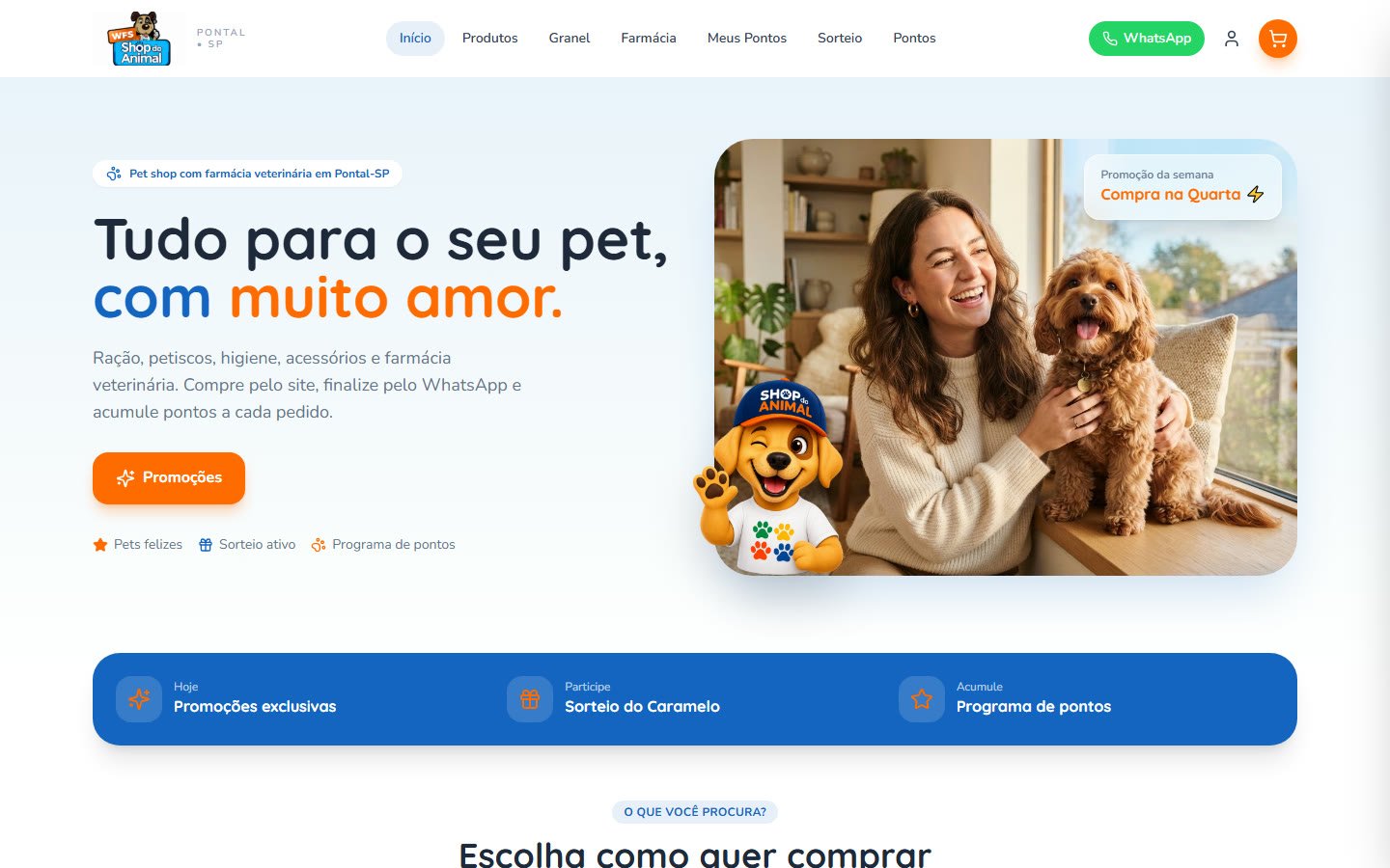 Site do Shop do Animal, pet shop em Pontal, SP, com a chamada Tudo para o seu pet, com muito amor.